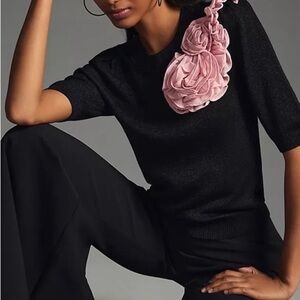 Anthropologie Maeve Floral Appliqué Sweater Black & Pink Metallic Sparkle XXS